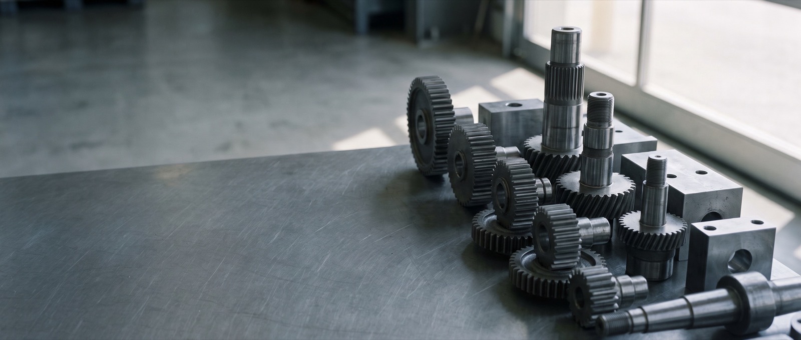 Precision-machined gears, shafts and steel blocks arranged in a row on a scratched steel bench in soft workshop light.