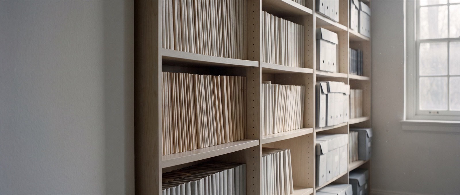 Bound periodical volumes and archive boxes on pale wooden library shelving, lit by soft daylight from a window.